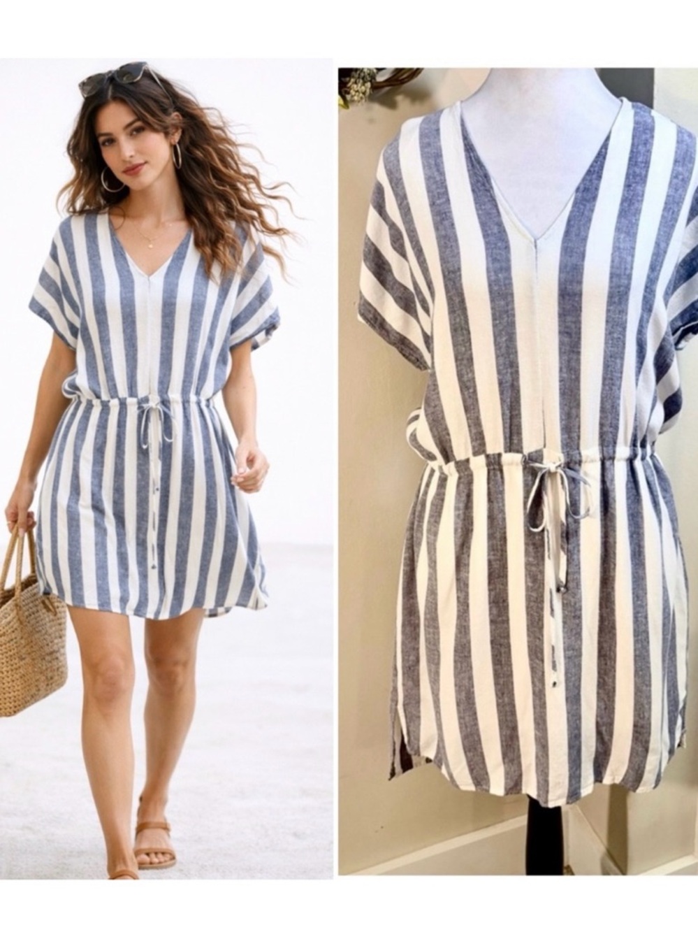 RAILS Wren Seattle Stripe Linen Blend Blue White V-Neck Cinch Waist Dress ~S💛